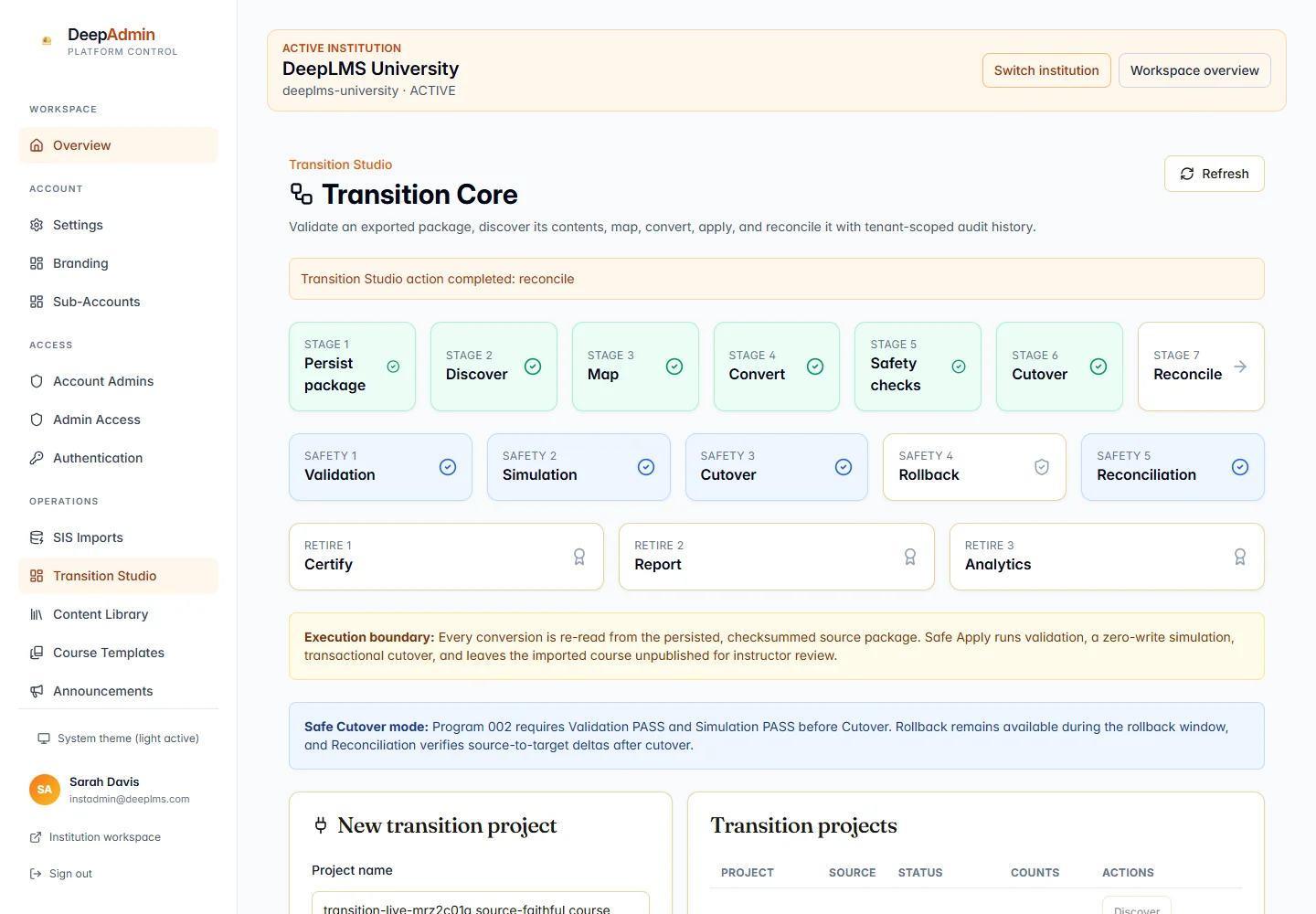 Transition Studio showing governed migration and reconciliation